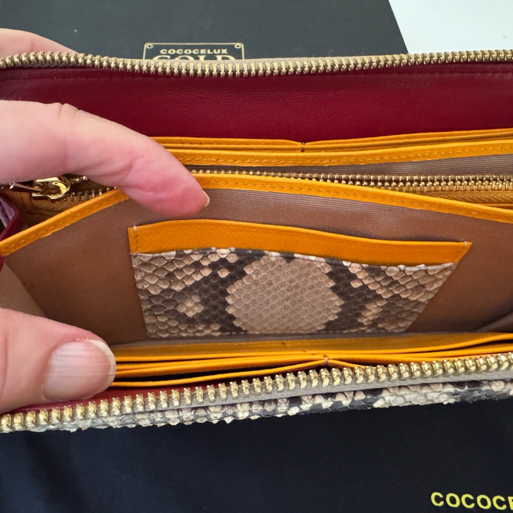 Cococelux Gold Women's Lamb Leather Taupe/Blush and Python Long Wallet - Picture 7 of 13